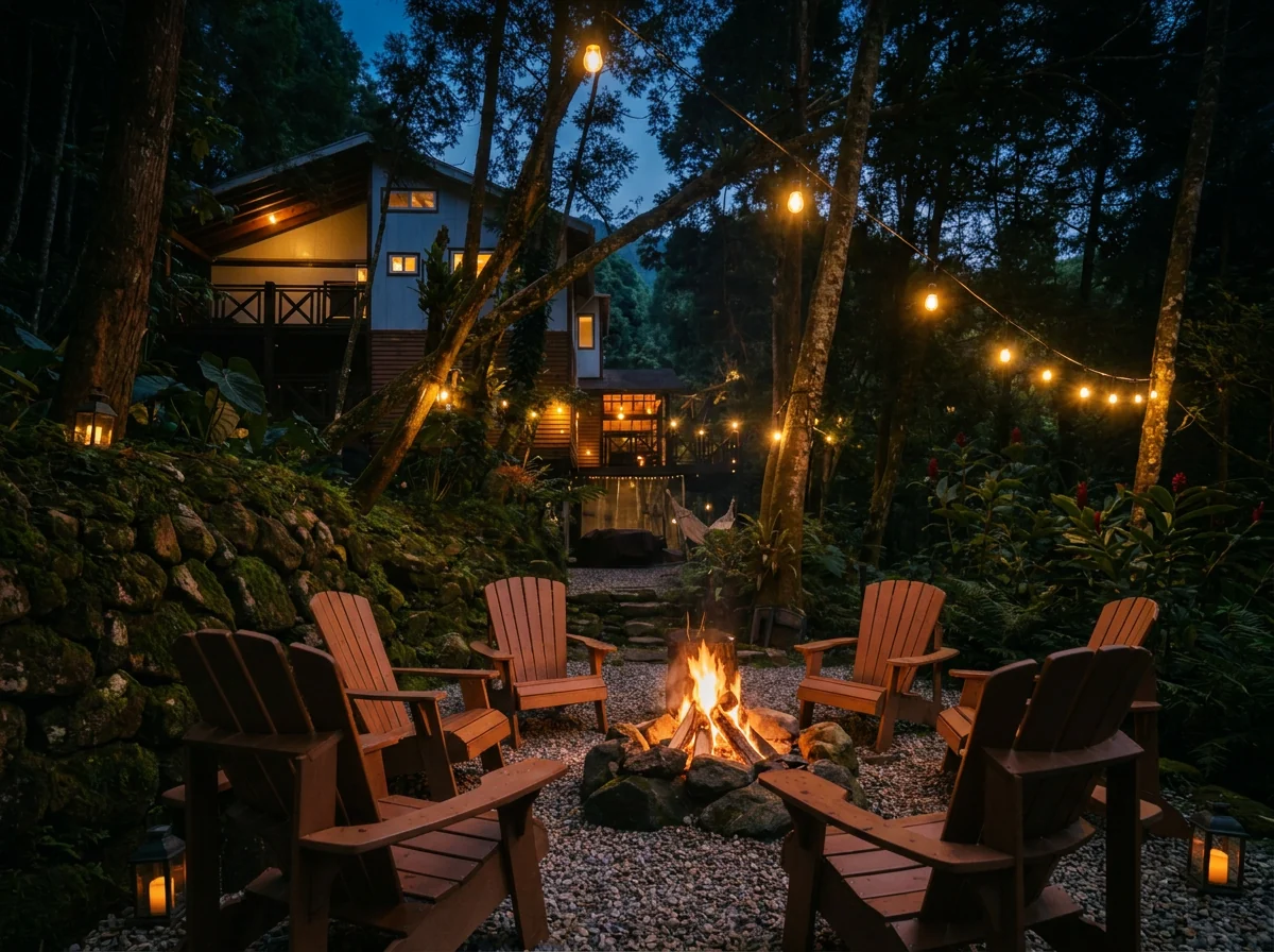 A lit bonfire at night with a circle of wooden chairs
