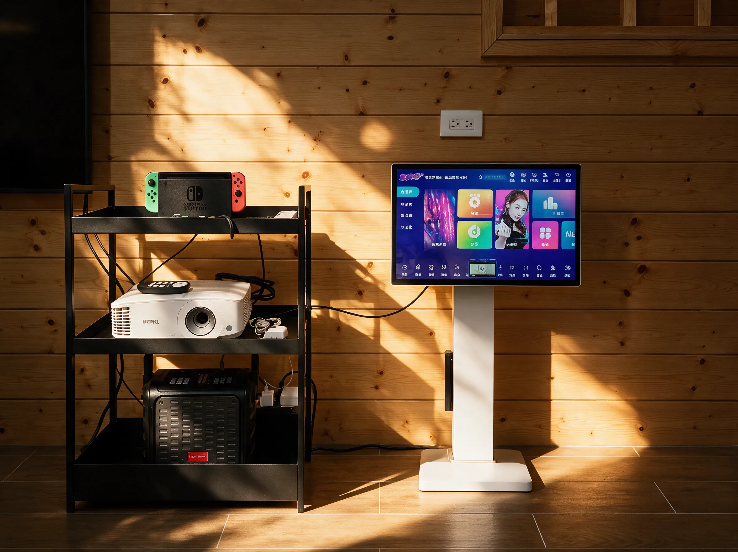 客廳一角的 KTV 點歌機、投影機、Nintendo Switch 與音響